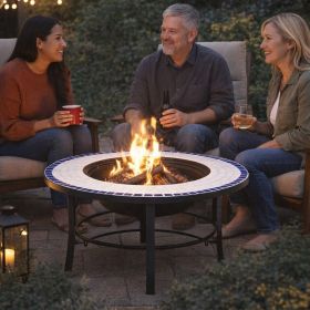 Mosaic Fire Pit Blue and White 26.8" Ceramic