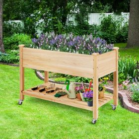 Wood Elevated Planter Bed with Lockable Wheels Shelf and Liner - Natural