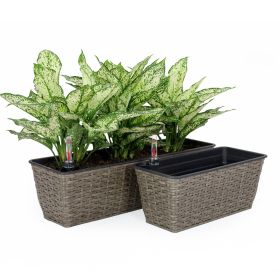 2-Pack Self-watering Planter - Hand Woven Wicker - Rectangular - Dark Gray - as Pic