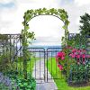 Outsunny 84" Garden Arch Arbor with Gate, Metal Arch Trellis, Garden Archway for Climbing Vines, Wedding Ceremony Decoration, Flourishes & Arrow Tips