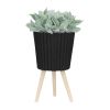 S/2 10/12" RIDGED PLANTER W/ WOOD LEGS, BLACK (KD)