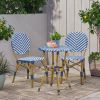 Outdoor Aluminum 3 Piece French Bistro Set, Navy Blue, White, with Bamboo Finish
