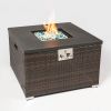 Outdoor Gas Fire Pit Square Dark Brown Wicker with Glass Rocks