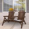 Outsunny 2-Seat Wooden Adirondack Chair, Patio Bench with Table, Outdoor Loveseat Fire Pit Chair for Porch, Backyard, Deck, Carbonized
