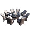 Direct Wicker Outdoor 9 Piece Patio Wicker Gas Fire Pit Set Round Table With Arm Chairs