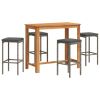 5 Piece Patio Bar Set Gray Solid Wood Acacia and Poly Rattan
