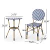 Outdoor Aluminum 3 Piece French Bistro Set, Navy Blue, White, with Bamboo Finish