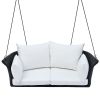 sGO 51.9" 2-Person Hanging Seat, Rattan Woven Swing Chair, Porch Swing With Ropes, Black Wicker And White Cushion