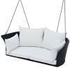 sGO 51.9" 2-Person Hanging Seat, Rattan Woven Swing Chair, Porch Swing With Ropes, Black Wicker And White Cushion