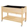 Wood Elevated Planter Bed with Lockable Wheels Shelf and Liner - Natural