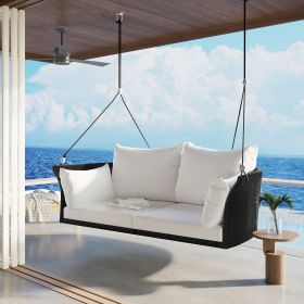 sGO 51.9" 2-Person Hanging Seat, Rattan Woven Swing Chair, Porch Swing With Ropes, Black Wicker And White Cushion
