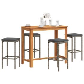 5 Piece Patio Bar Set Gray Solid Wood Acacia and Poly Rattan