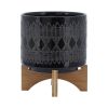 CERAMIC 8" AZTEC PLANTER ON WOODEN STAND, BLACK