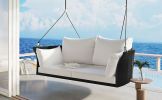 sGO 51.9" 2-Person Hanging Seat, Rattan Woven Swing Chair, Porch Swing With Ropes, Black Wicker And White Cushion