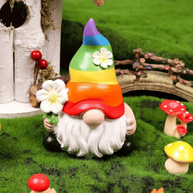 1pc Garden Rainbow Gnome Resin Statue (Color: Colorful Goblin With Flowers)