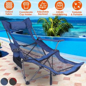 Foldable Camping Chair 330LBS Load Heavy Duty with Reclining Backrest Angle Cup Holder Pillow Side Pocket Carry Bag (Color: Blue)