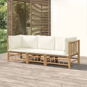 3 Piece Patio Lounge Set with Cream White Cushions Bamboo (Color: Brown)
