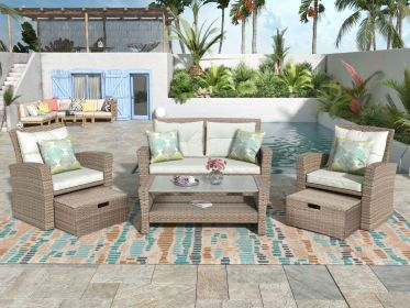 Patio Furniture Set, 4 Piece Outdoor Conversation Set (Color: Beige)
