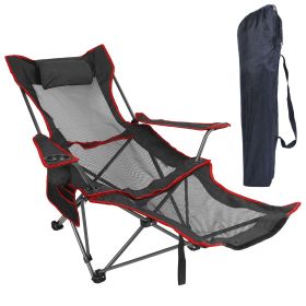 Foldable Camping Chair 330LBS Load Heavy Duty with Reclining Backrest Angle Cup Holder Pillow Side Pocket Carry Bag (Color: Black)