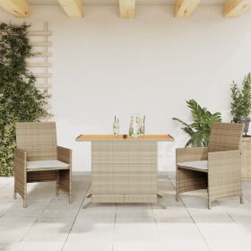 3 Piece Bistro Set with Cushions Beige Poly Rattan (Color: Beige)