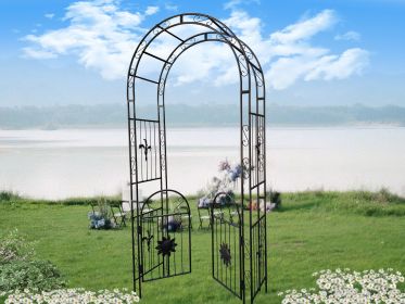 Metal Garden Arch with doors Garden Arbor Trellis Climbing Plants Support (Color: as Pic)