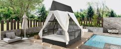 Outdoor Daybed Patio Lounge Bed with Adjustable Backrest with Curtains, and 4 Pillows
