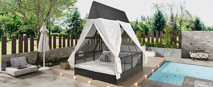 Outdoor Daybed Patio Lounge Bed with Adjustable Backrest with Curtains, and 4 Pillows (Color: as Pic)