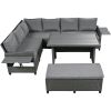 5-Piece Outdoor Patio Rattan Sofa Set; Sectional PE Wicker L-Shaped Garden Furniture Set with 2 Extendable Side Tables; Dining Table and Washable Cove
