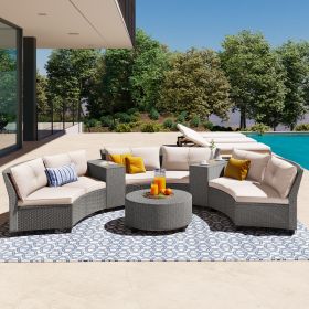 6 Person Fan-shaped Rattan Suit Combination with Cushions and Table (Color: Beige)