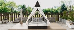 Outdoor Daybed Patio Lounge Bed with Adjustable Backrest with Curtains, and 4 Pillows