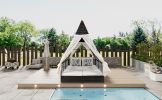 Outdoor Daybed Patio Lounge Bed with Adjustable Backrest with Curtains, and 4 Pillows