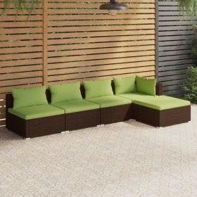 5 Piece Patio Lounge Set with Cushions Poly Rattan Brown (Color: Brown)