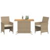 3 Piece Bistro Set with Cushions Beige Poly Rattan