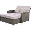 PE Wicker Rattan Double Chaise Lounge; 2-Person Reclining Sunbed with 3-Height Adjustable Back; Free Furniture Protection Cover