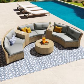 6 Person Fan-shaped Rattan Suit Combination with Cushions and Table (Color: Gray)