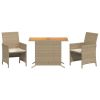 3 Piece Bistro Set with Cushions Beige Poly Rattan
