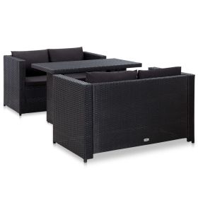 3 Piece Patio Lounge Set with Cushions Poly Rattan Black (Color: Black)